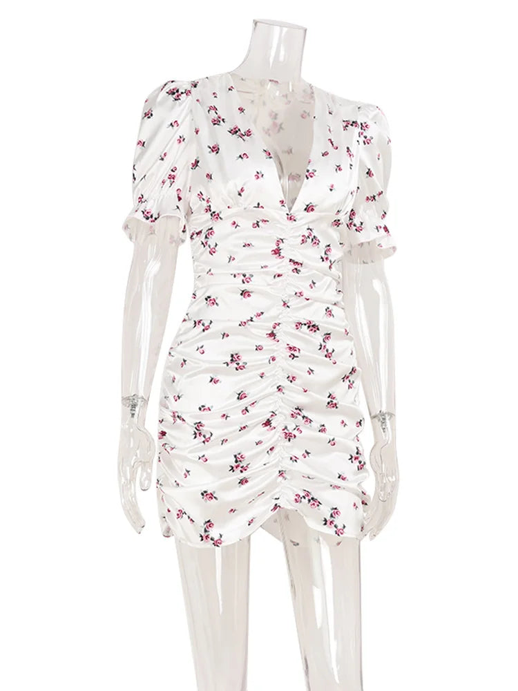Rosaura Floral Puff-Sleeve V-Neck Ruched Bodycon Mini Dress