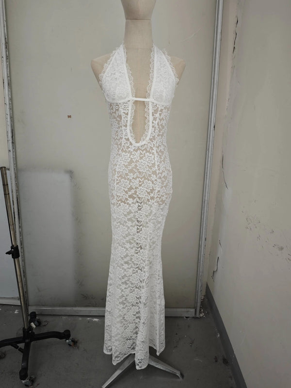 Thessaly Lace Halter Cutout Backless Mermaid Maxi Dress