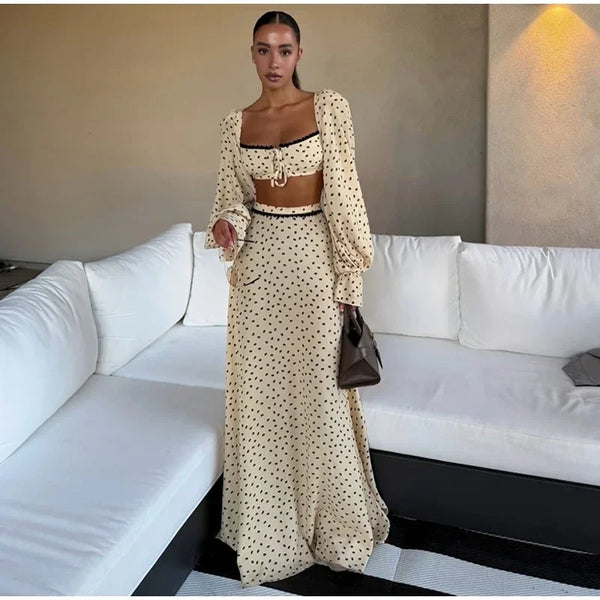 Fashion Women's Polka Dot Long Skirt Set Square Neck Lantern Sleeve Lace Crop Top High Waist A-line Skirts 2026 Summer Lady Suit