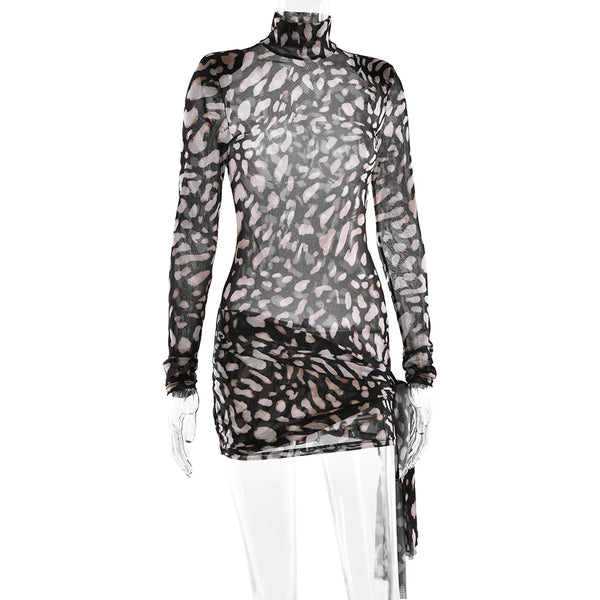 Mireille Sheer Leopard Long-Sleeve Mini Dress