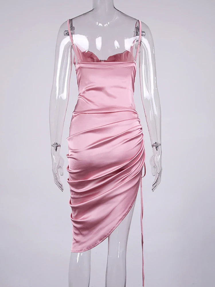 Calista Satin Cowl-Neck Ruched Midi Dress