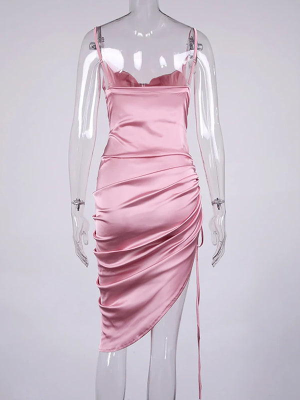 Calista Satin Cowl-Neck Ruched Midi Dress