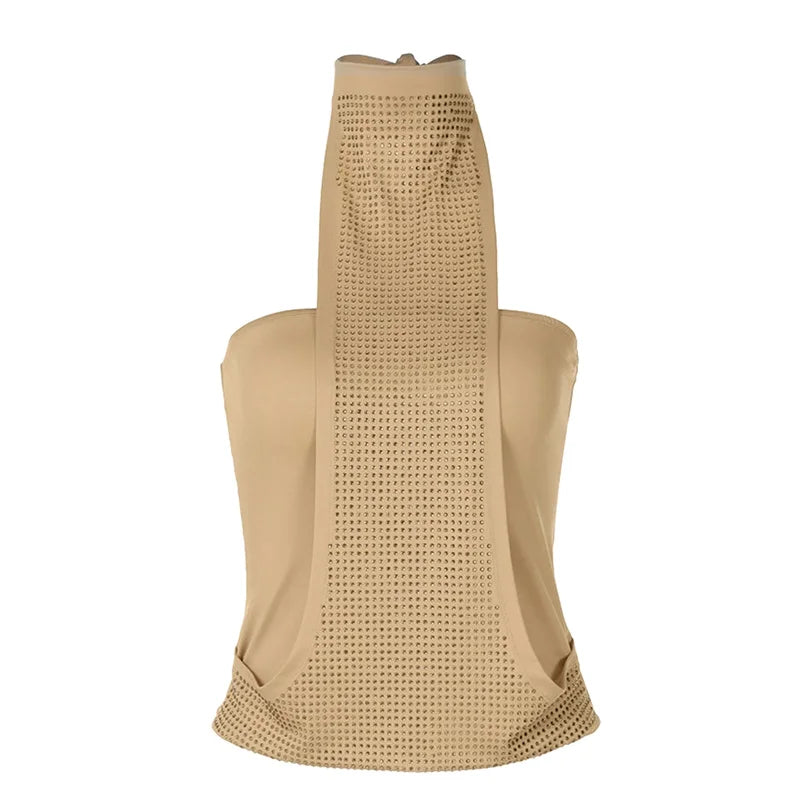 hirigin Women Rhinestone Halter Top Sleeveless Backless Tie Neck Tube Top Y2K Sparkly Mesh Patchwork Tank Top Party Clubwear