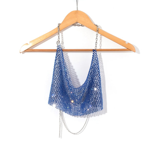 Leqoel Rhinestone Tops for Women 2022 Fashion Sleeveless Halter Hollow Out Shiny Metal Cropped Mesh Tank Sexy Backless Top