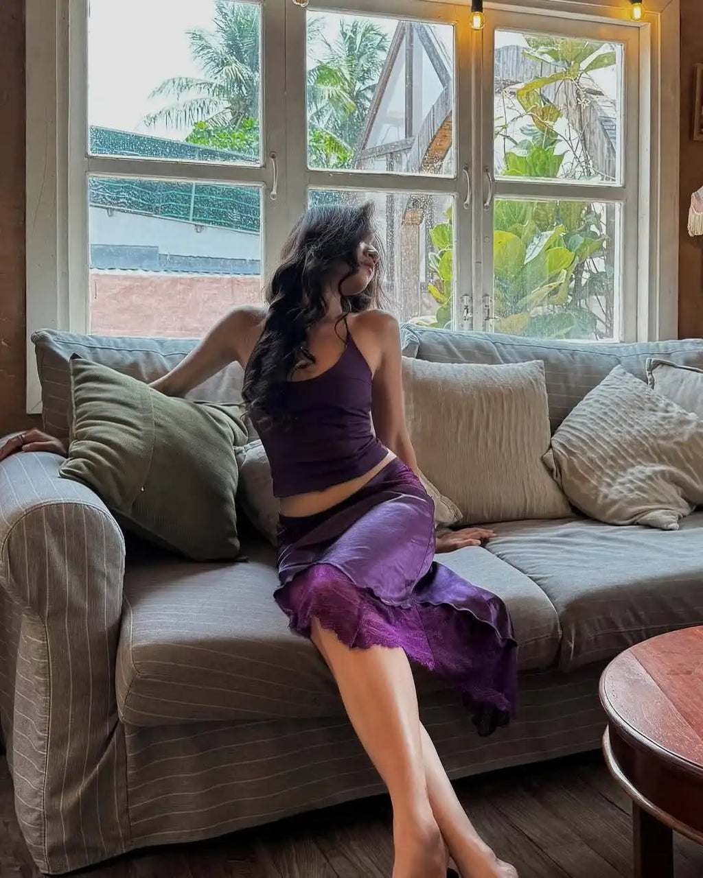 Violetta Lace Satin Asymmetrical Midi Skirt Set Two-piece