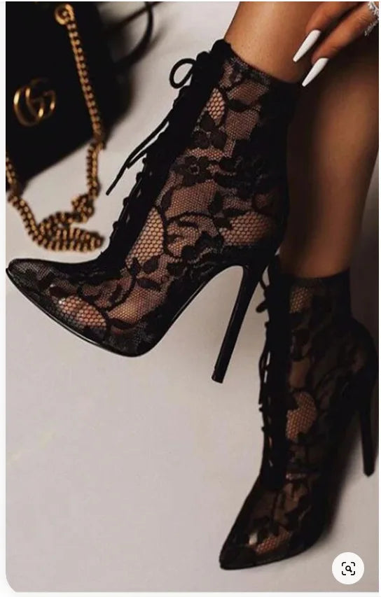 2025 New Black Mature Mesh Women Boots High Heel Pumps Floral Lace-Up Thin High Heels Ankle Pointed Toed Party Wedding Shoes