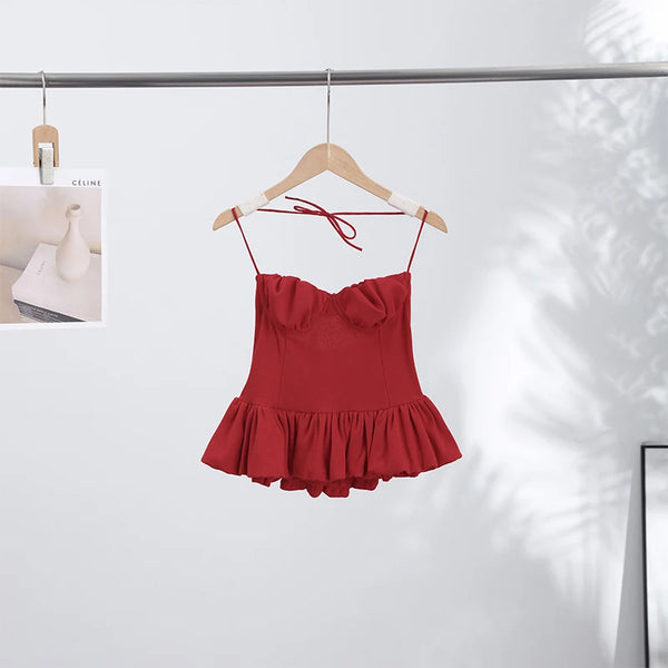 Perpetua Red Halter-Tie Sweetheart Peplum Top One-piece