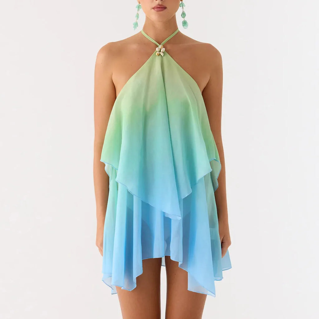 Lana Gradient Halter Tie-Up Ruffle Sleeveless Mini Dress
