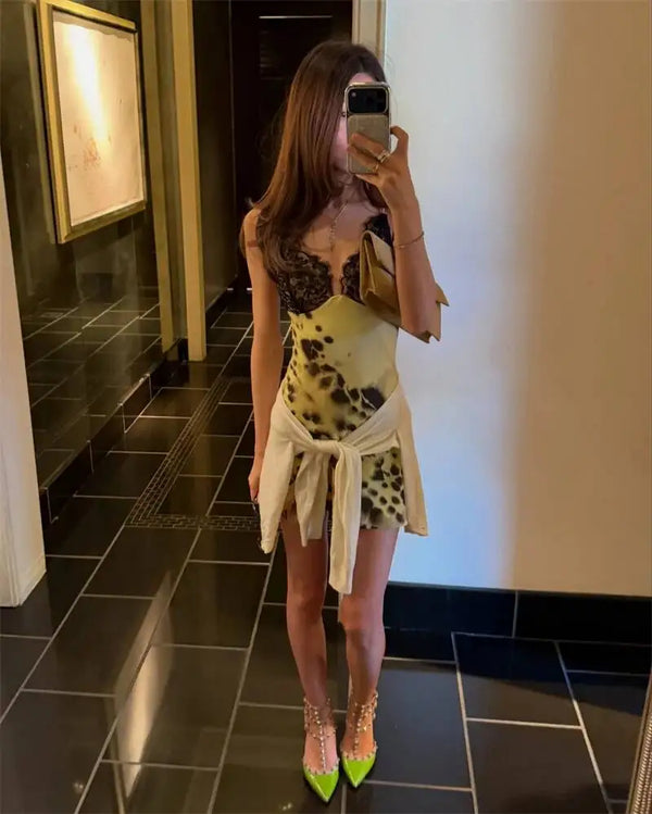 Ludmila Leopard Print Lace-Cup Slip Mini Dress