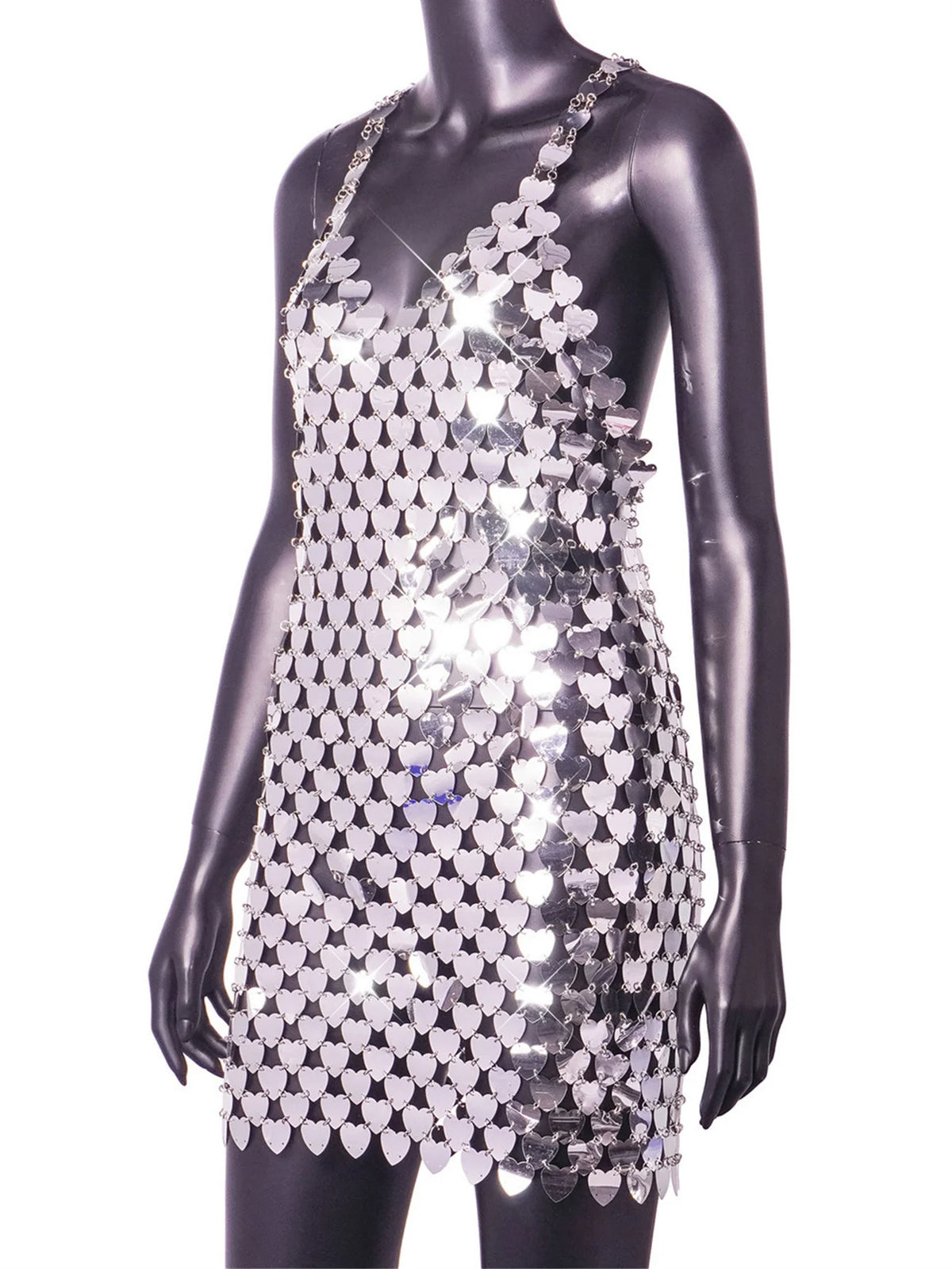 Rubina Heart Metal Sequin See-Through Backless Lingerie Slip Mini Dress