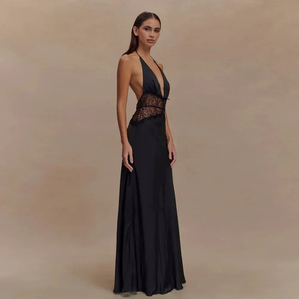 Pervinca Lace-Panel Satin Plunge Halter Backless Maxi Dress