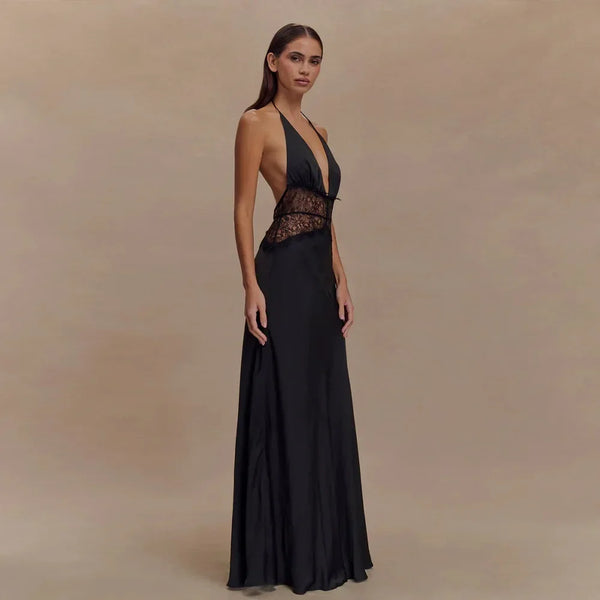 Pervinca Lace-Panel Satin Plunge Halter Backless Maxi Dress