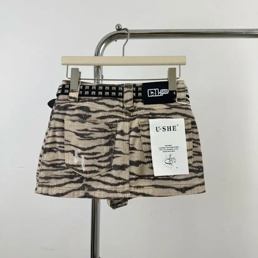 Henrike Zebra Print Distressed Denim A-Line Mini Skirt One-piece