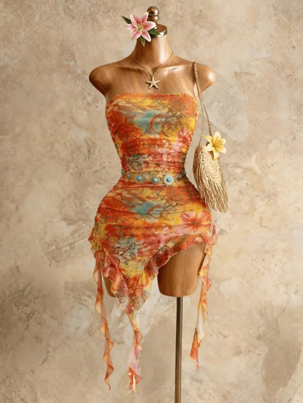 Gisela Multicolor Knit Strapless Asymmetric Tassel-Hem Mini Dress