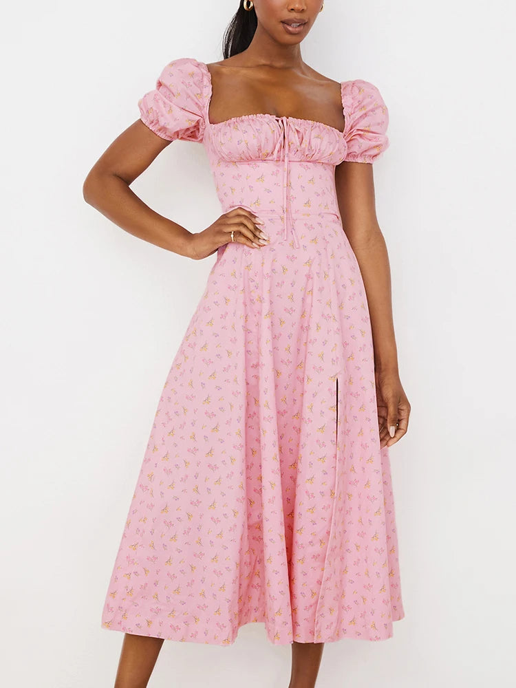 Annabeth Floral Square-Neck Puff-Sleeve Side-Split Maxi Dress