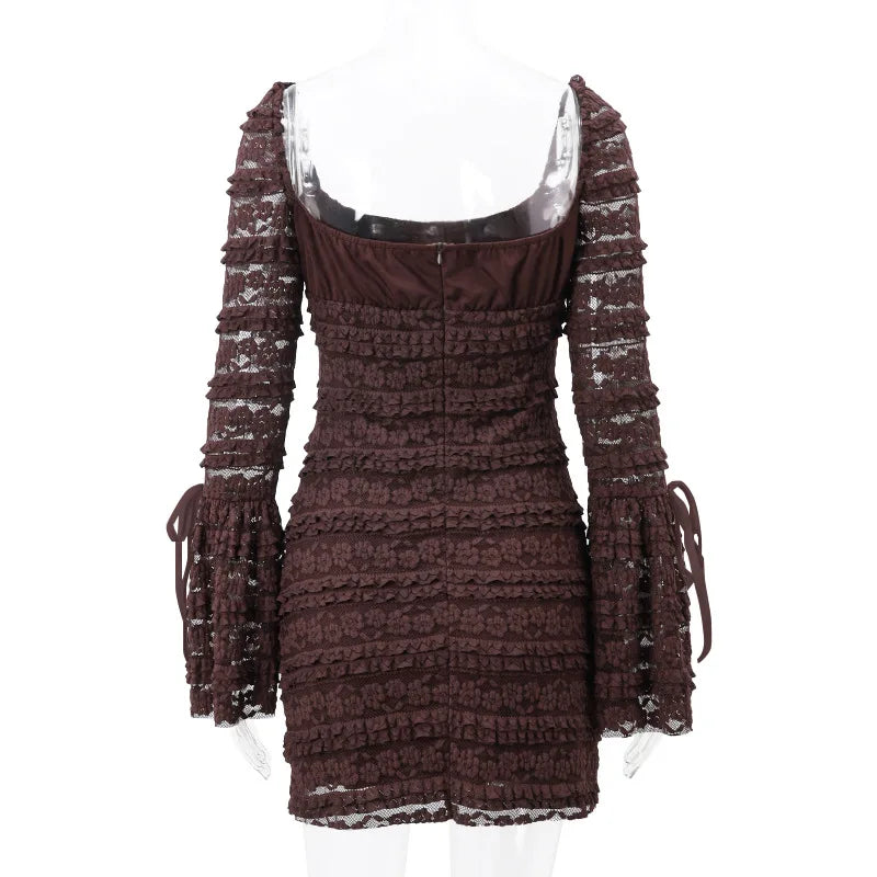 Cocoa Floral-Lace Flare-Sleeve Mini Dress