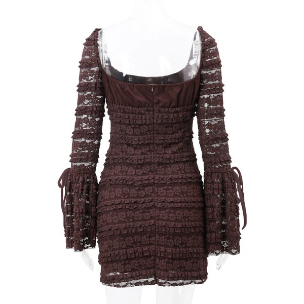 Cocoa Floral-Lace Flare-Sleeve Mini Dress