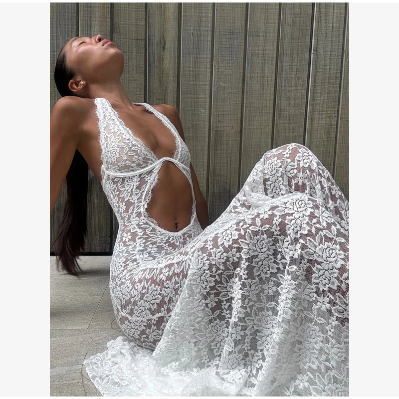 Thessaly Lace Halter Cutout Backless Mermaid Maxi Dress