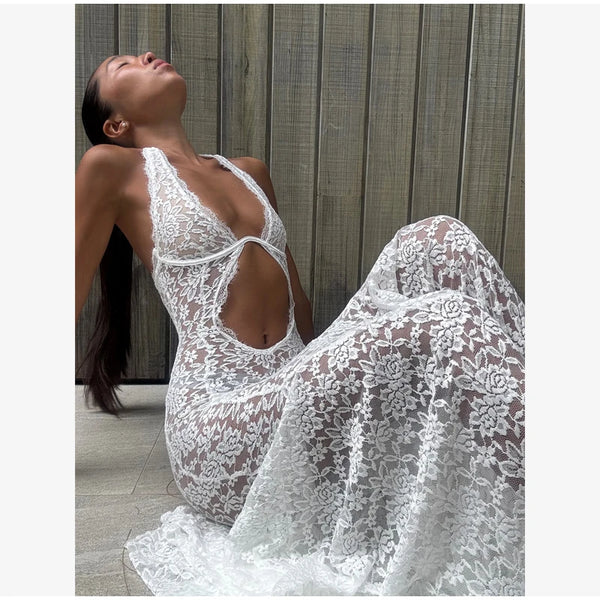 Thessaly Lace Halter Cutout Backless Mermaid Maxi Dress