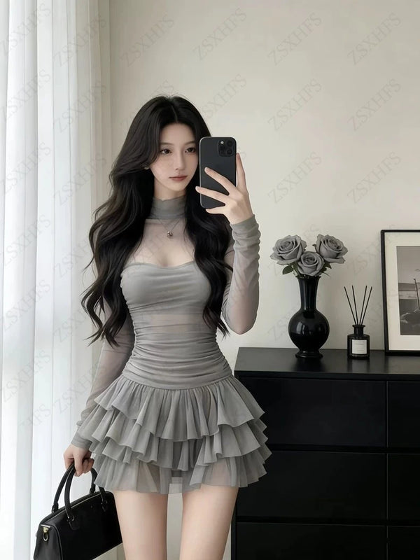 Blanka Sheer Long-Sleeve Tiered Ruffle Mini Dress