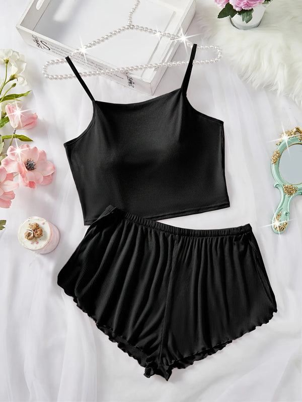 Pernilla Ribbed Cami & Ruffle-Trim Shorts Pajama Set Two-piece
