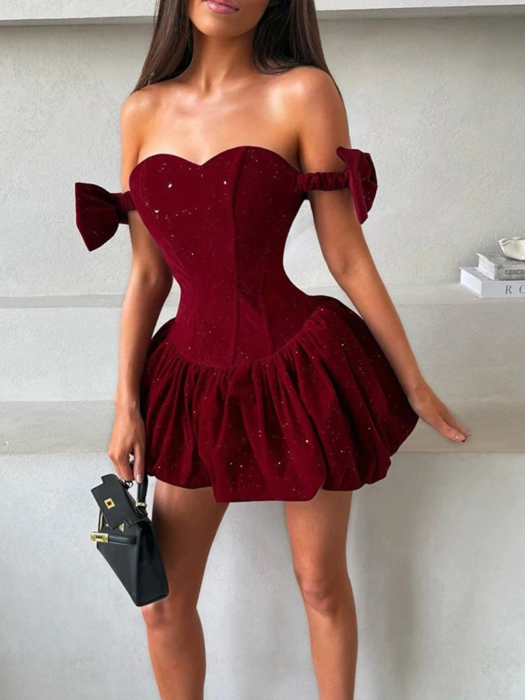 Amarisa Glitter Off-Shoulder Bow Corset Bubble-Hem Mini Dress