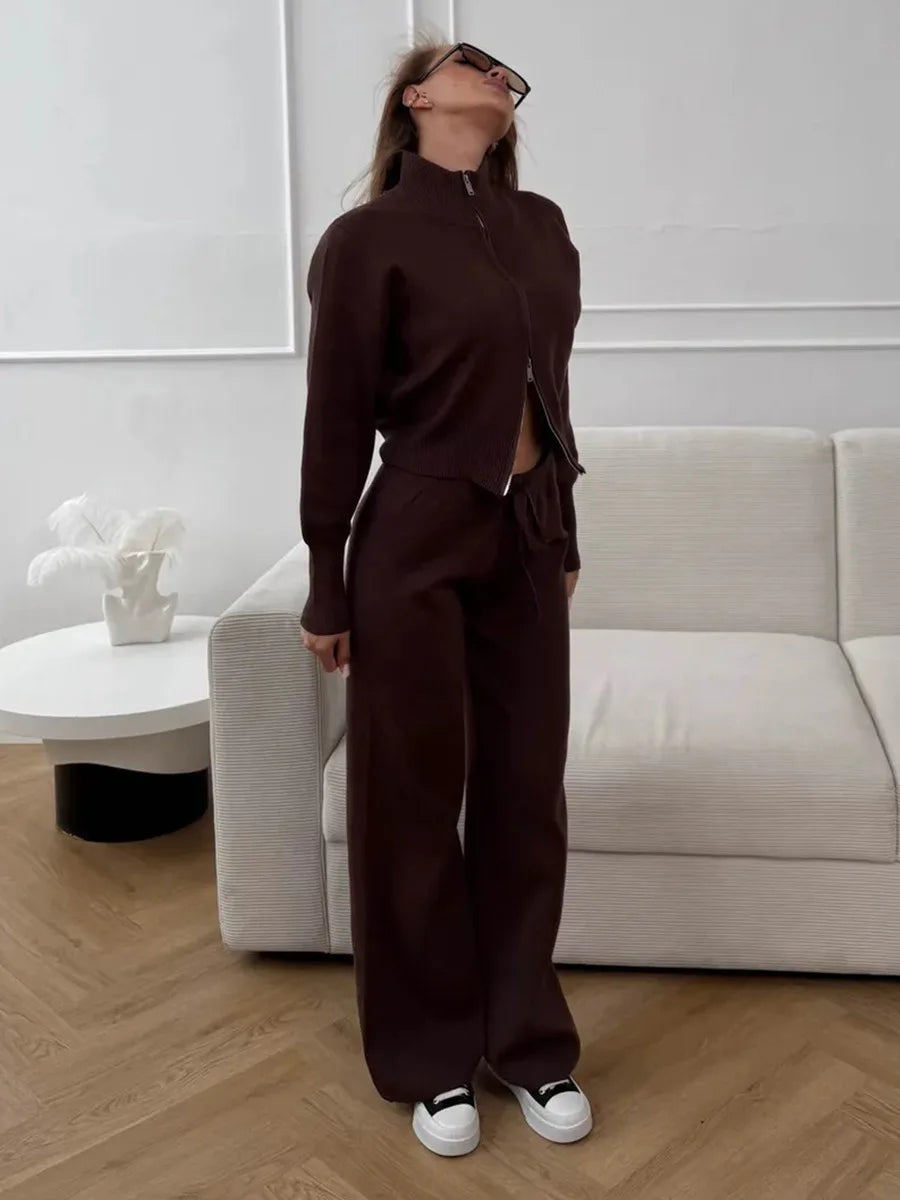 Sigourney Knit Zip-Up Cropped Cardigan & Wide-Leg Pants Two-Piece Set