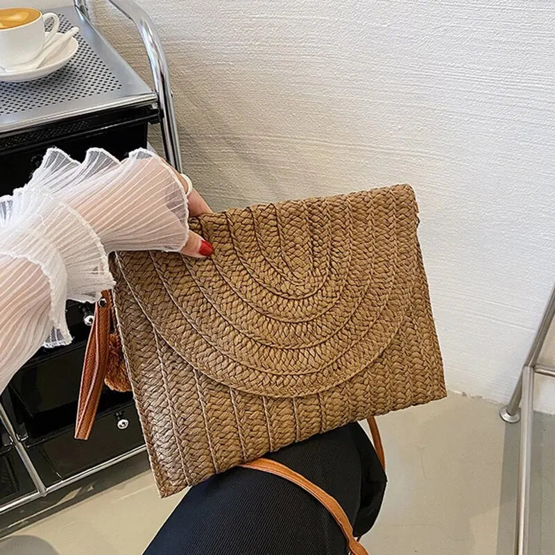 Soleil Woven Straw Envelope Crossbody Bag