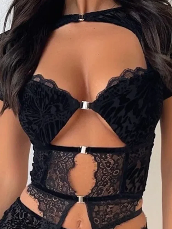 Valentina Noir Lace Illusion Cutout Top One-piece