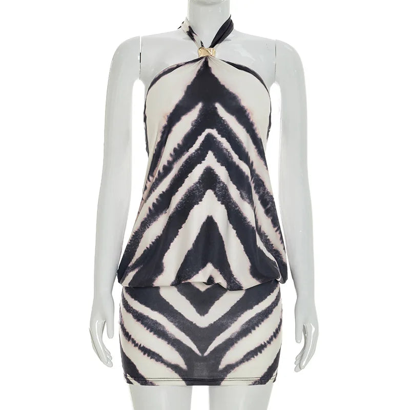Zephyra Zebra Halter Backless Bodycon Mini Dress