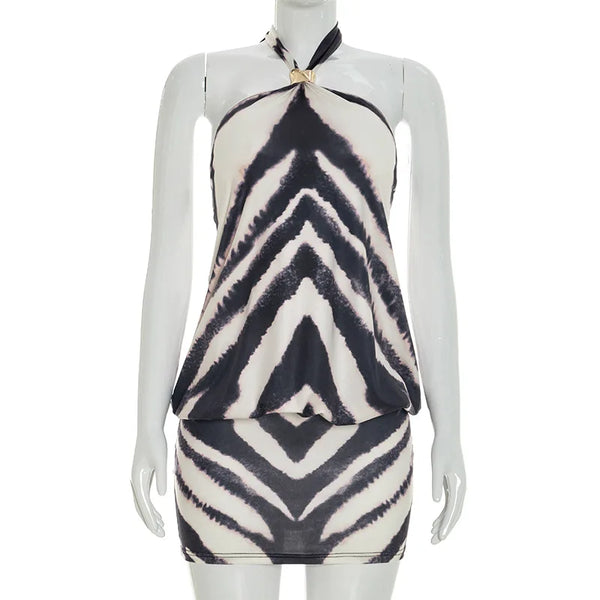 Zephyra Zebra Halter Backless Bodycon Mini Dress
