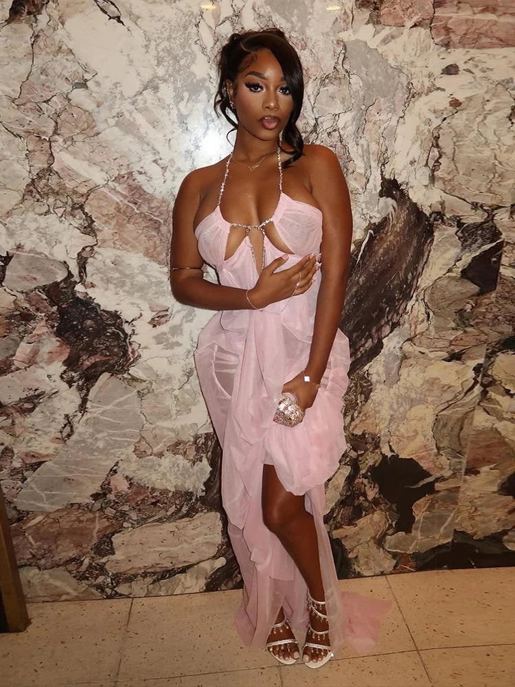 Kira Chain-Halter Mesh Maxi Dress