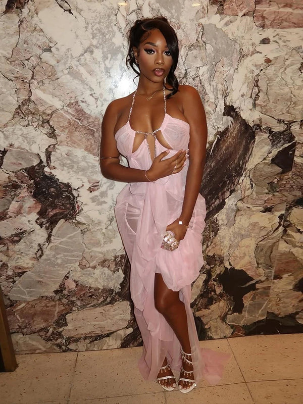 Kira Chain-Halter Mesh Maxi Dress