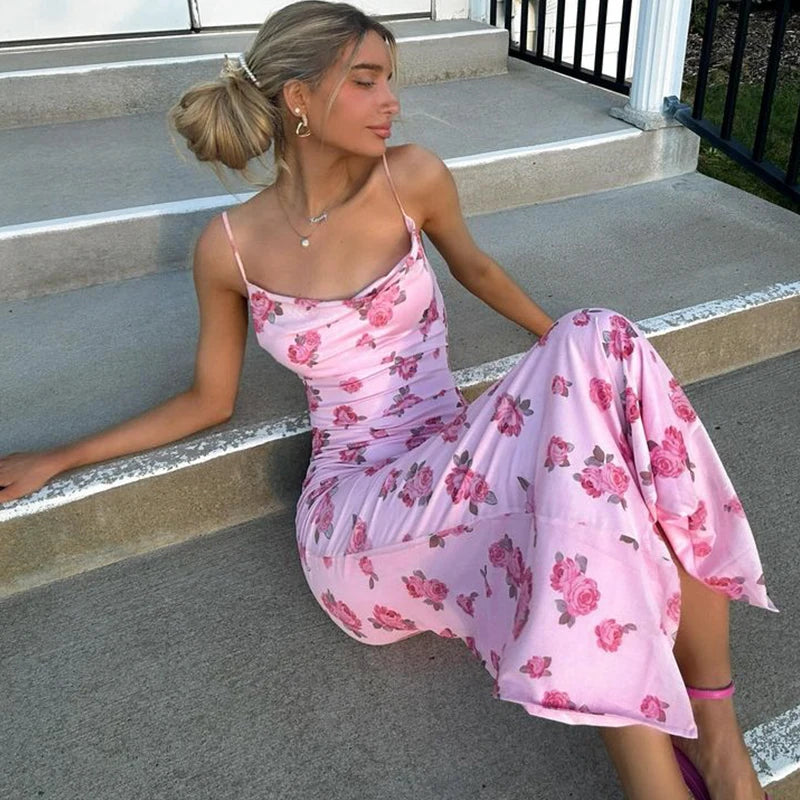 Rosabel Pink Floral Cowl-Neck Cami Slip Maxi Dress