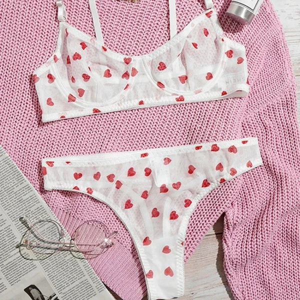 Ingeborg Heart Print Sheer Mesh Underwire Bra & Brief Lingerie Two-piece