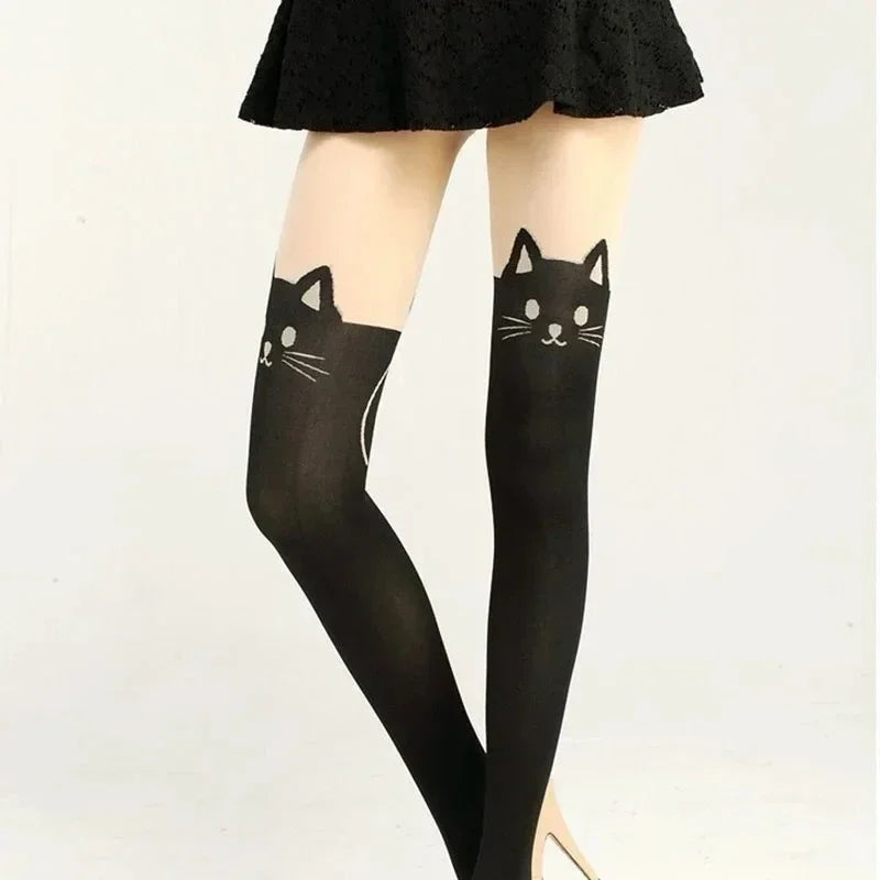 Minka Cat-Print Thigh-High Socks