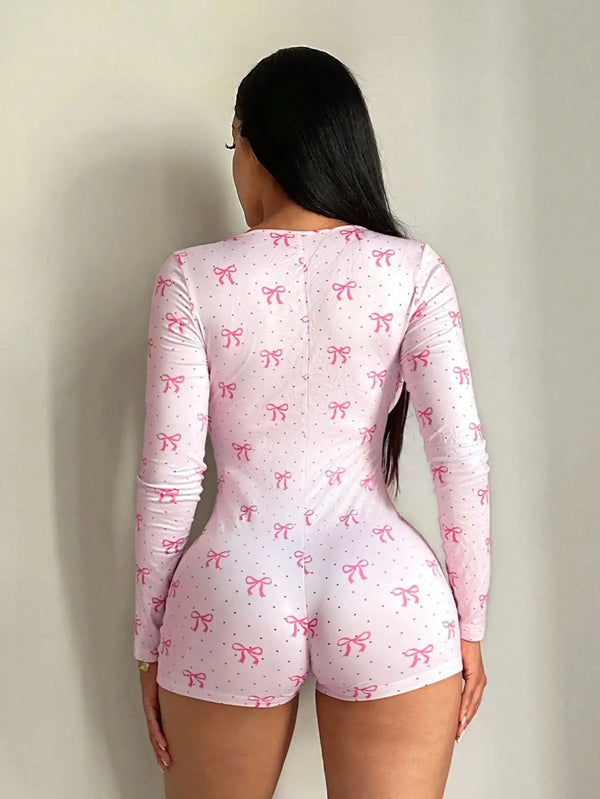 Poppy Pink Polka-Dot Bow Romper One-piece