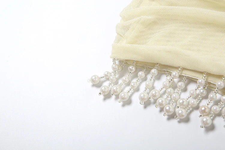 Celeste Pearl-Tassel Mesh Halter Mini Dress