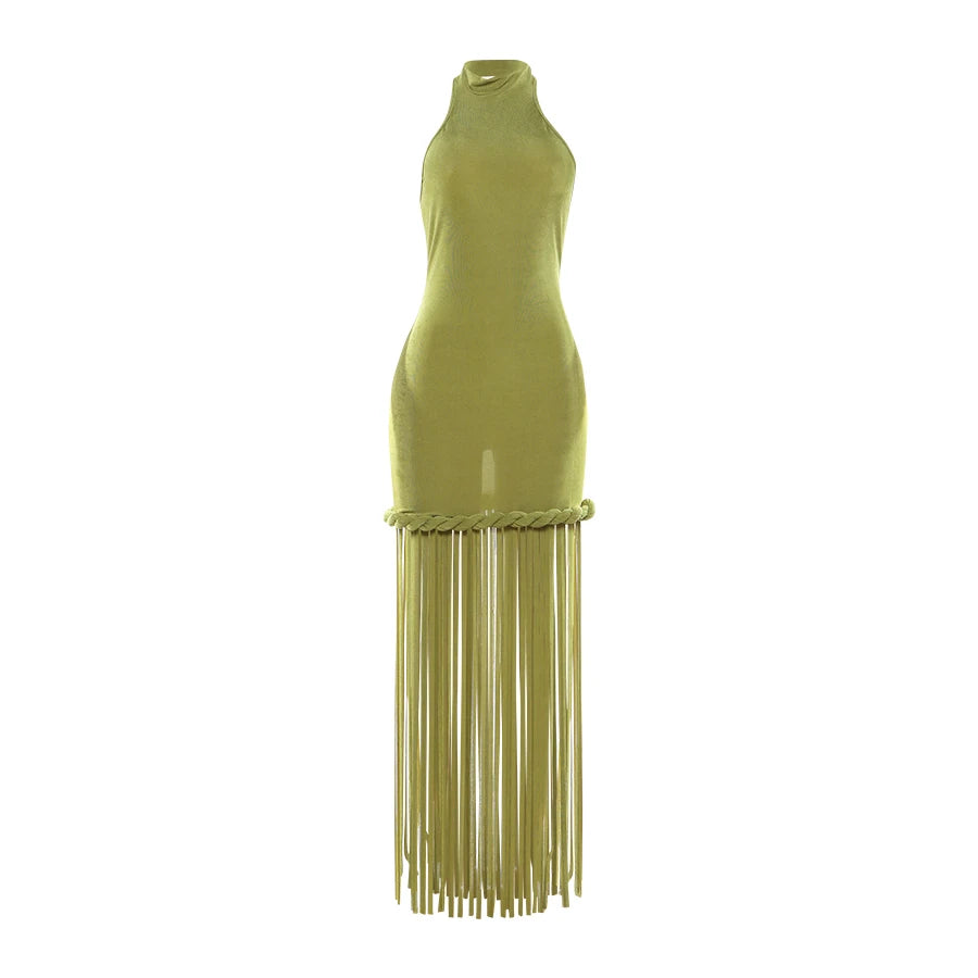 Renata Tassel Halter Backless Maxi Dress