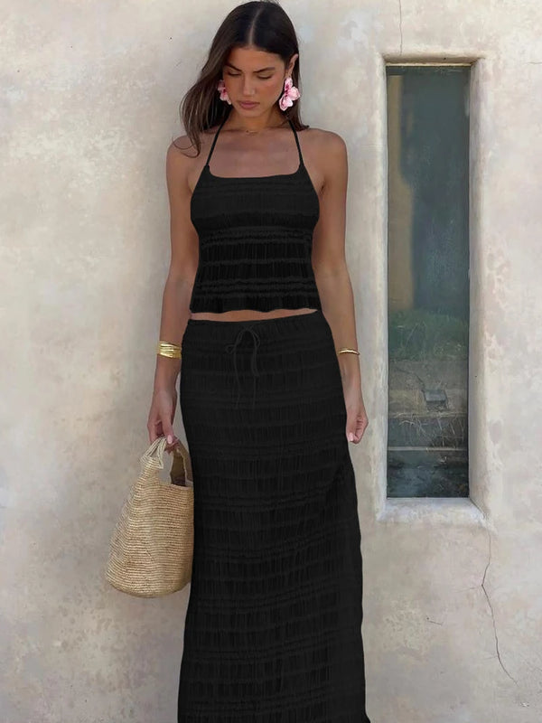 Oksana Sheer Crinkle Mesh Halter Lace-Up Crop Top & Maxi Skirt Two-piece