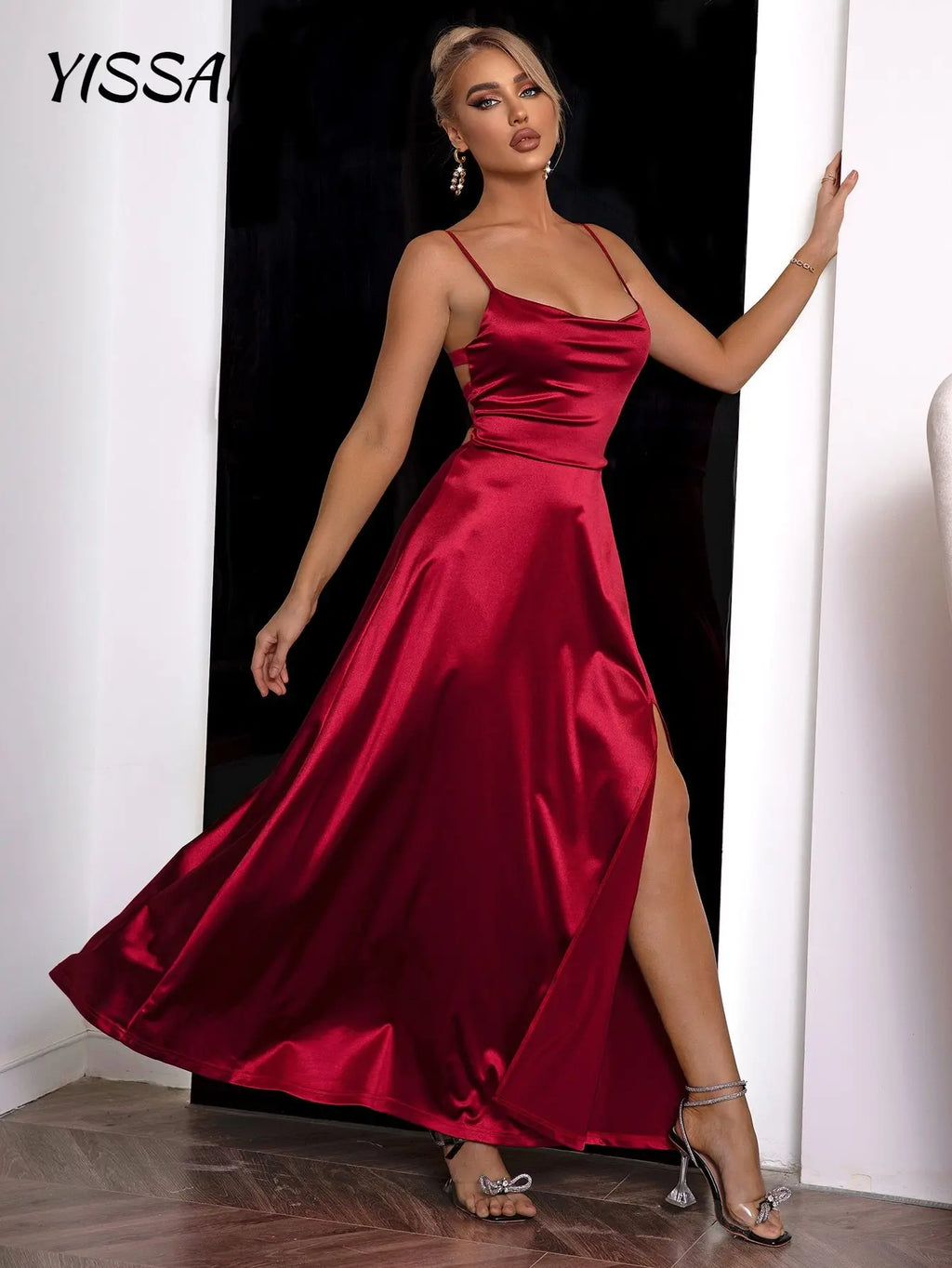 Yissang Lace Up Backless Split Thigh Draped Collar Cami Dress