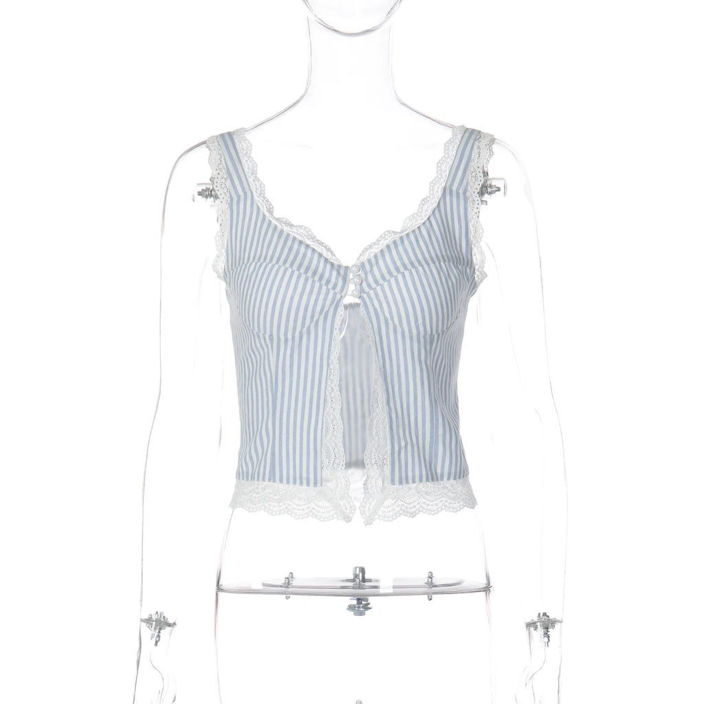 Fionnuala Striped Lace-Trim Button Front Crop Cami One-piece