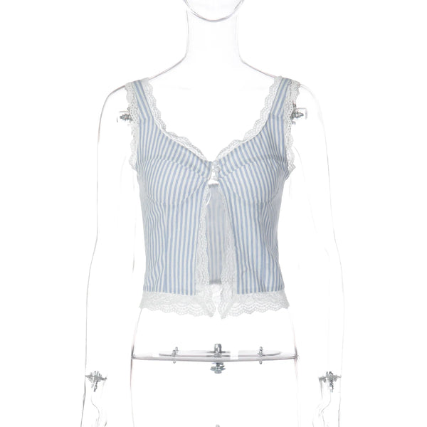 Fionnuala Striped Lace-Trim Button Front Crop Cami One-piece