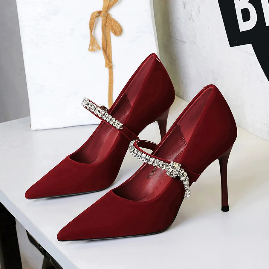 European and American Pointed Head Shallow Mouth Rhinestone Word with Banquet Thin Heel High Heel Women's Single Shoes