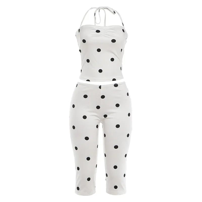 Demi Polka-Dot Halter Capri Pants Set Two-piece