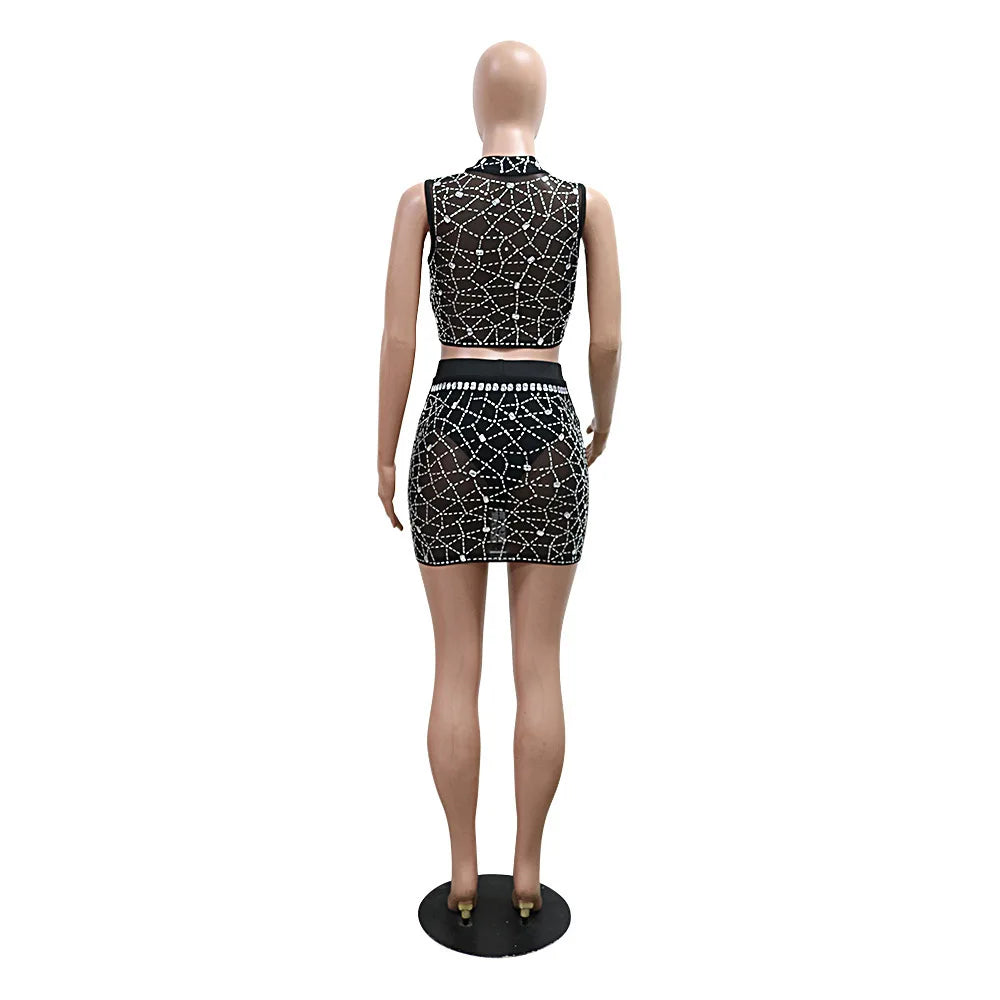 Noelle Rhinestone Mesh Crop Top & Mini Skirt Two-piece