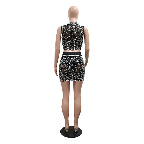 Noelle Rhinestone Mesh Crop Top & Mini Skirt Two-piece
