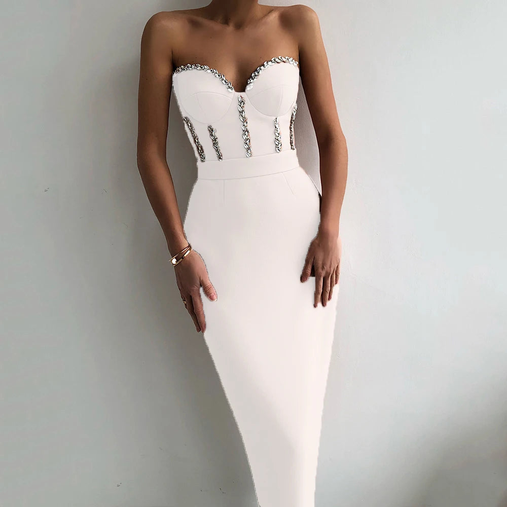 Bianca Strapless Beaded Bandage Midi Dress