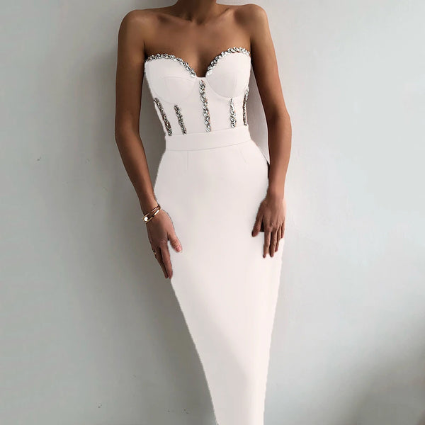 Bianca Strapless Beaded Bandage Midi Dress