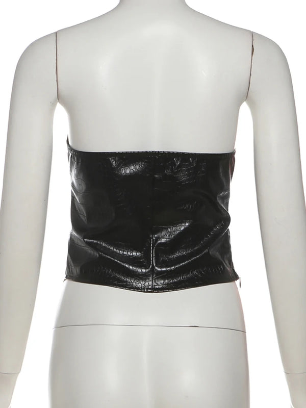 Kliou PU Leather Tank Tops Woman Sexy Chest Wrap Off Shoulder Backless Shape Waist Look Slimmer Hot Girls Street Fashion Vest